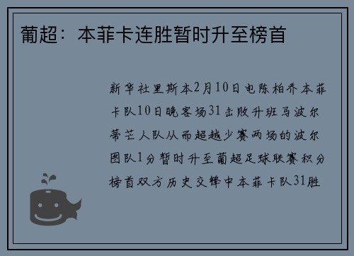 葡超：本菲卡连胜暂时升至榜首